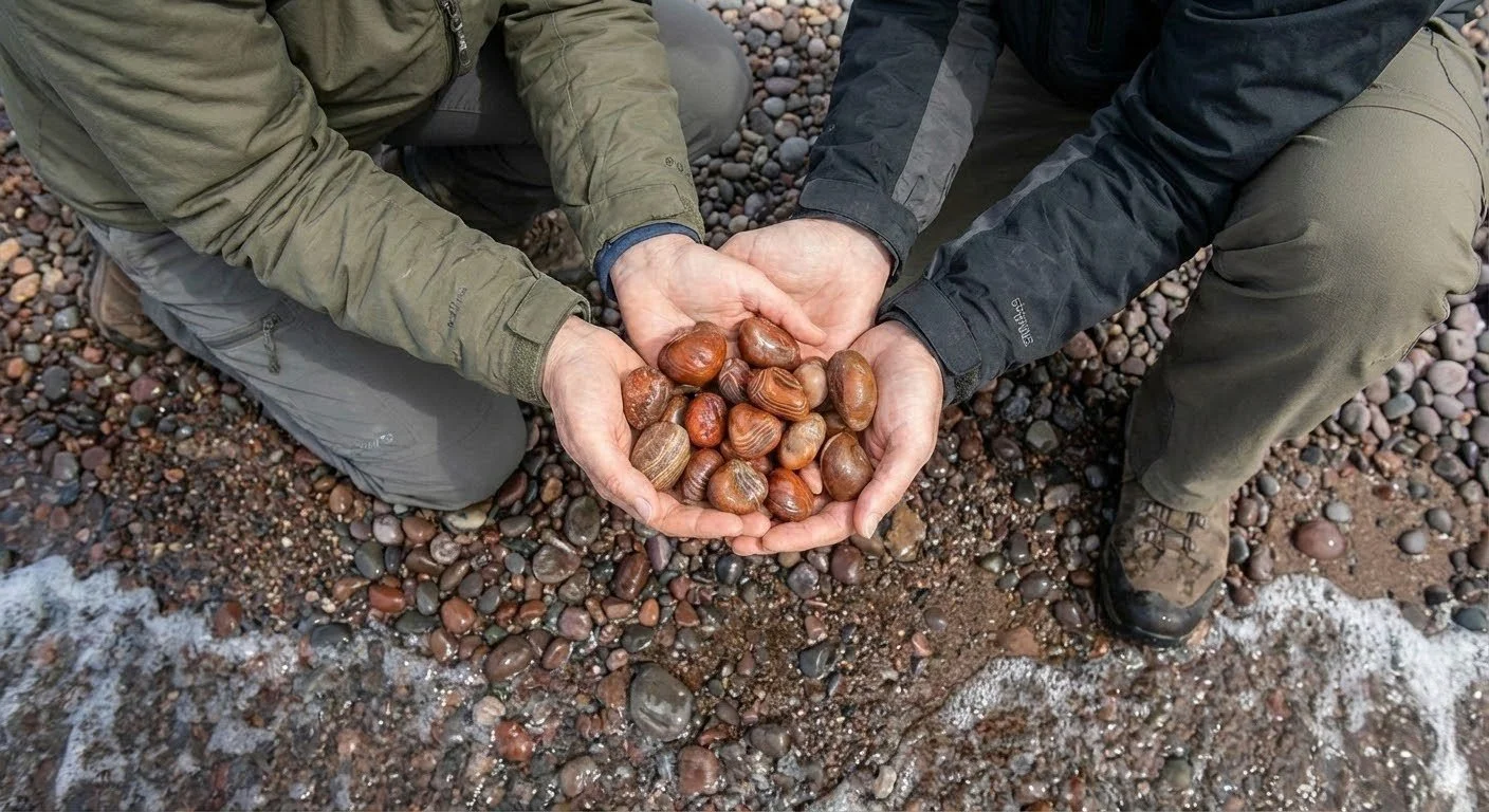 Two people crouching with one holding a handful of smooth brown pebbles over a rocky shore.