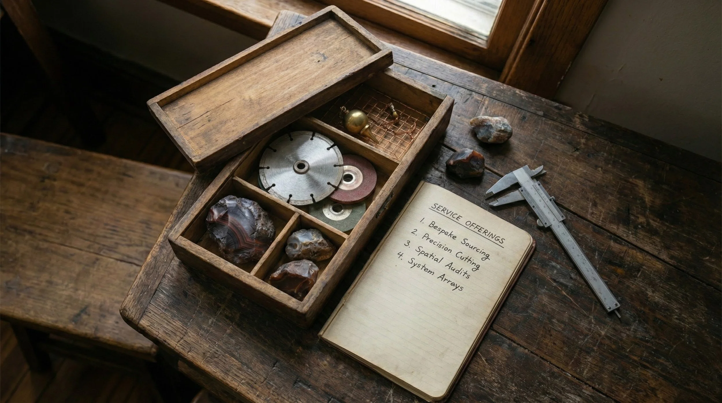 A wooden box containing various stones, a small wire mesh with a spherical object and a small bolt, a metal grinding disc, and abrasive wheels, placed on a rustic wooden table next to a caliper and a notebook listing service offerings.