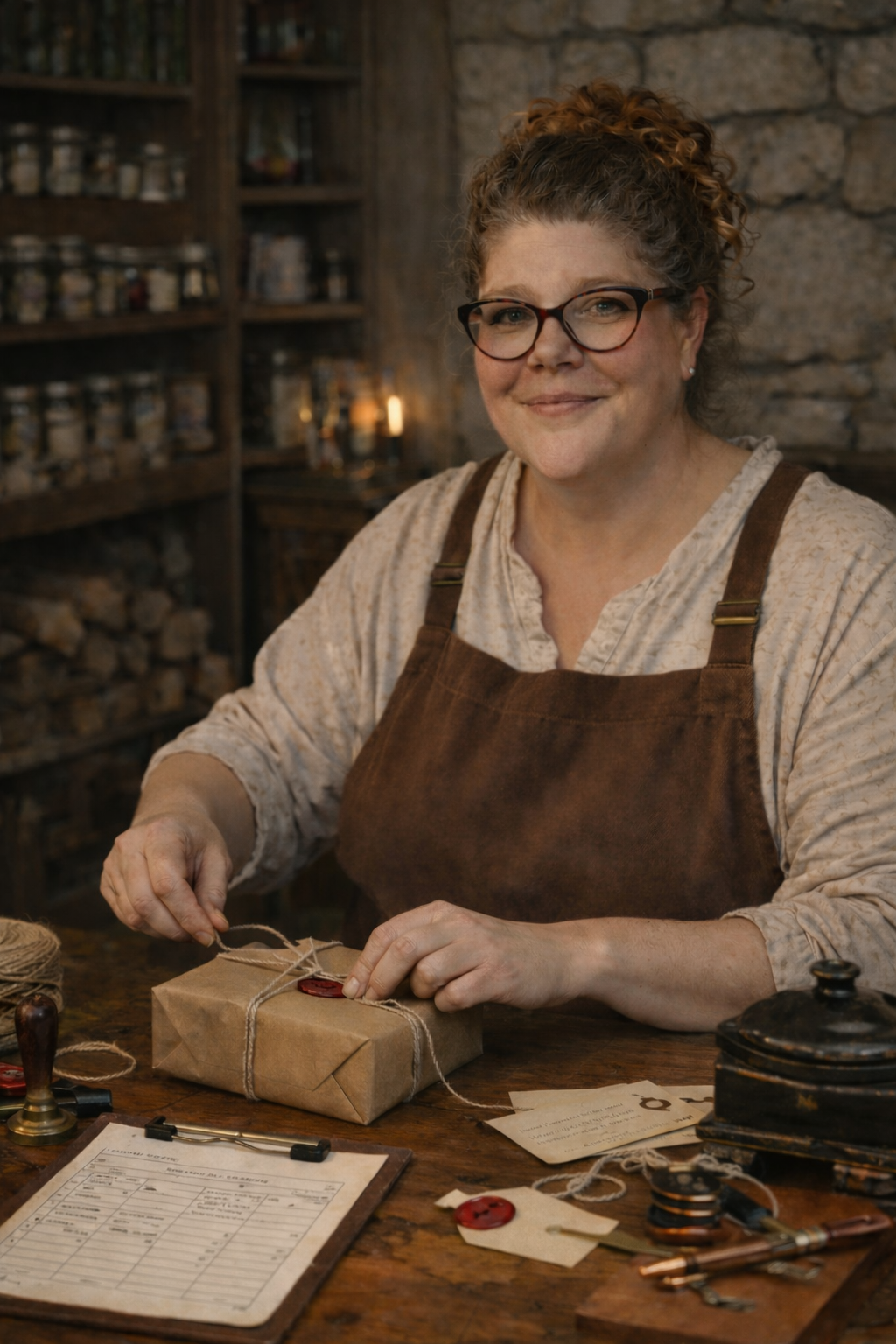 A woman with glasses and curly hair tied up, wearing a beige shirt and brown apron, wrapping a package with brown paper, twine, and a red wax seal in a rustic room with wooden shelves and jars.