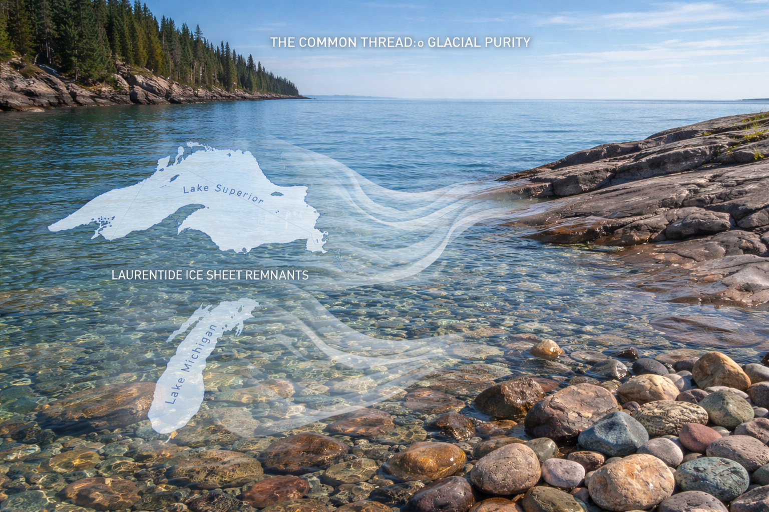 A photo of a rocky lakeshore with a clear view of Lake Superior and Lake Michigan in the background, overlaid with an illustration of the Great Lakes and text about glacial purity and ice sheet remnants.