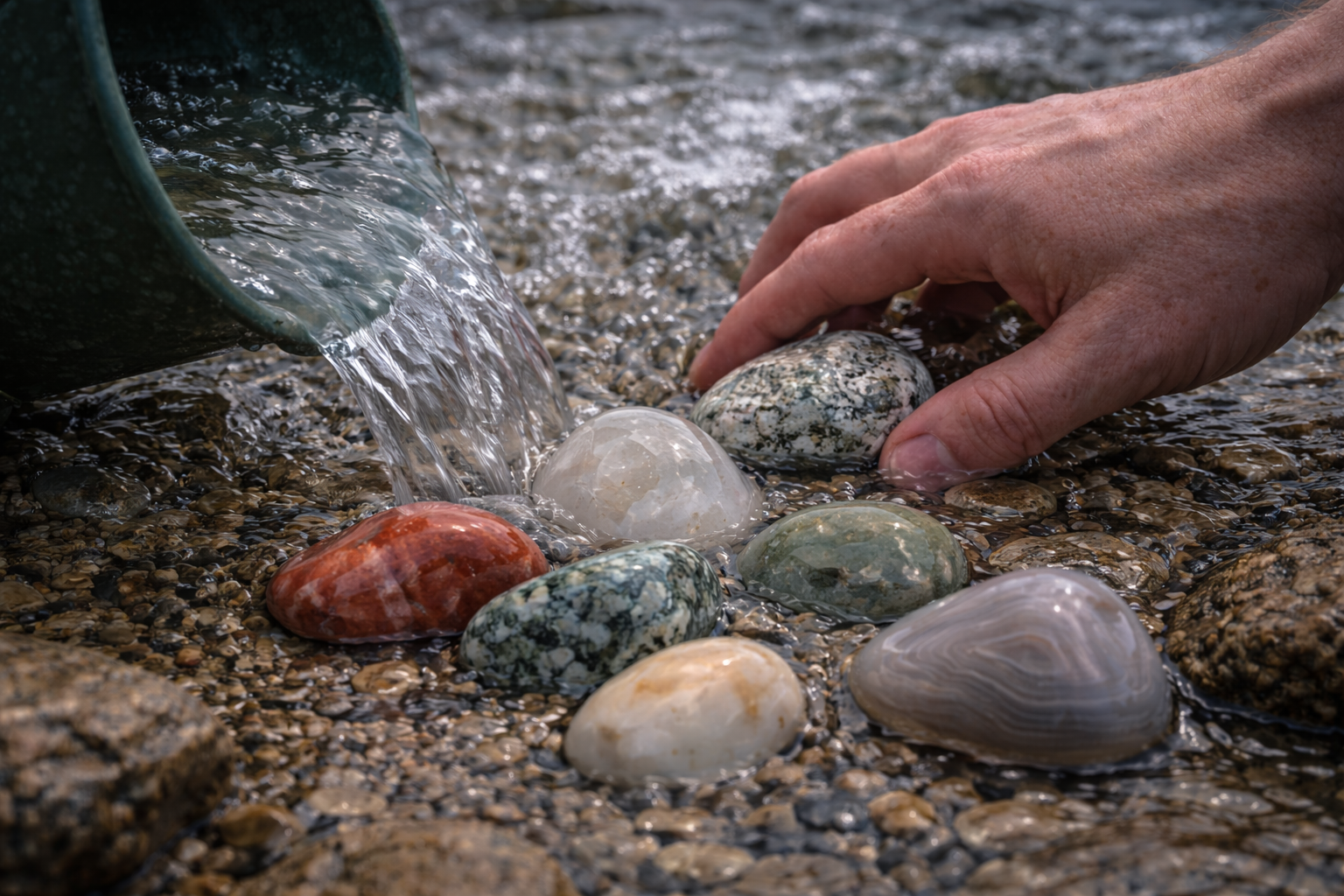 A hand placing colorful stones on a pebbled shore near flowing water from a container.
