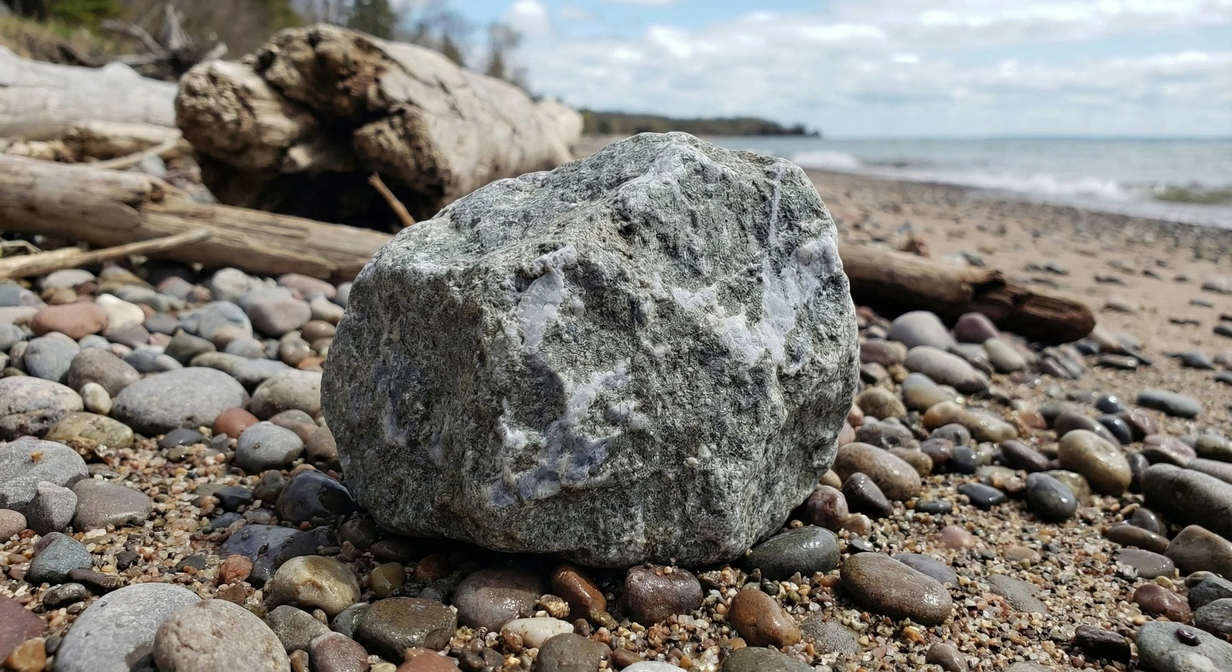 A large textured gray rock on a pebble-covered beach with driftwood, ocean, and partly cloudy sky in the background.