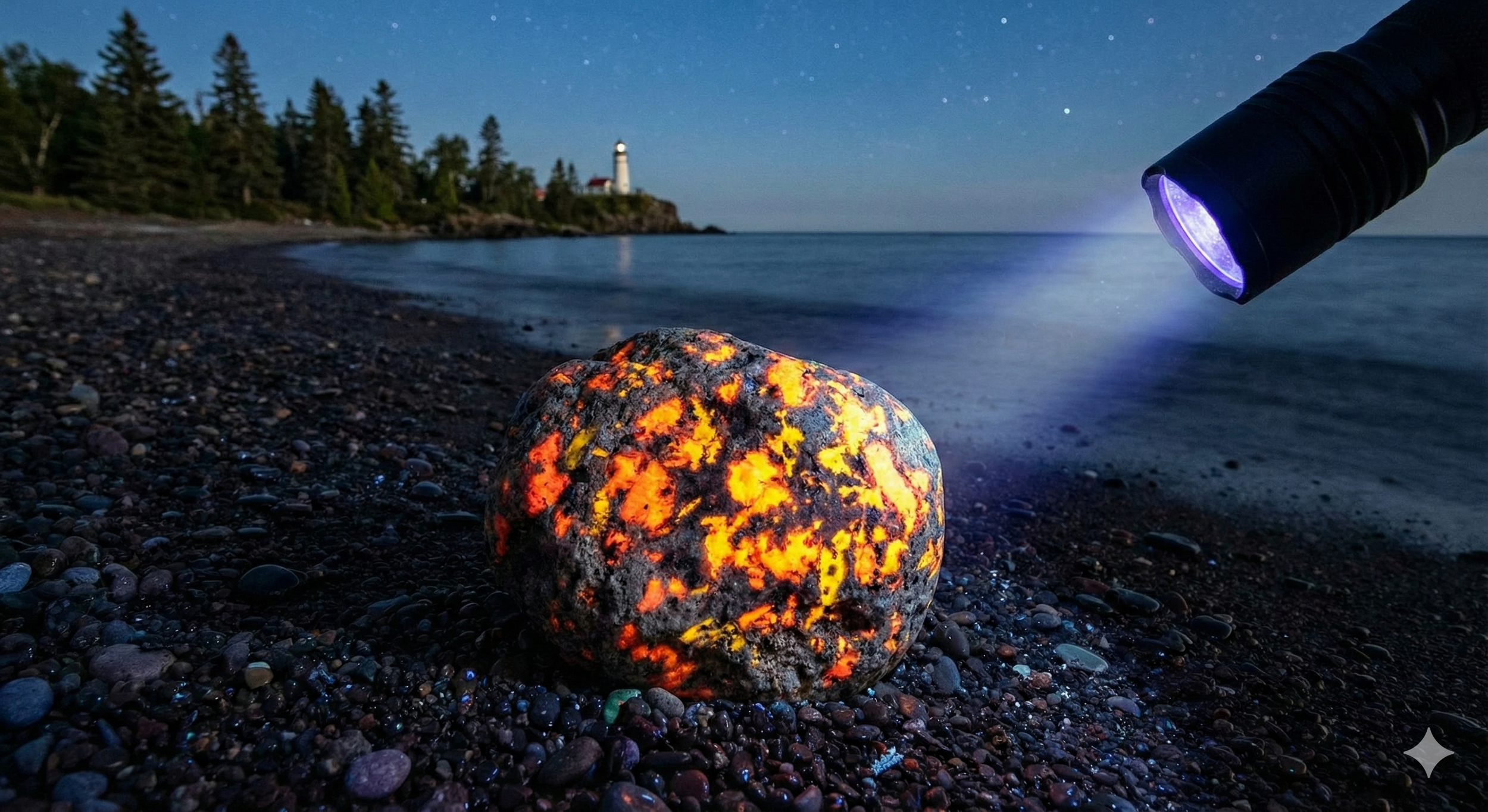 Nighttime scene on a pebble beach with a glowing, translucent stone in the foreground. A flashlight illuminates the stone, and a lighthouse is visible on a distant headland under a starry sky.