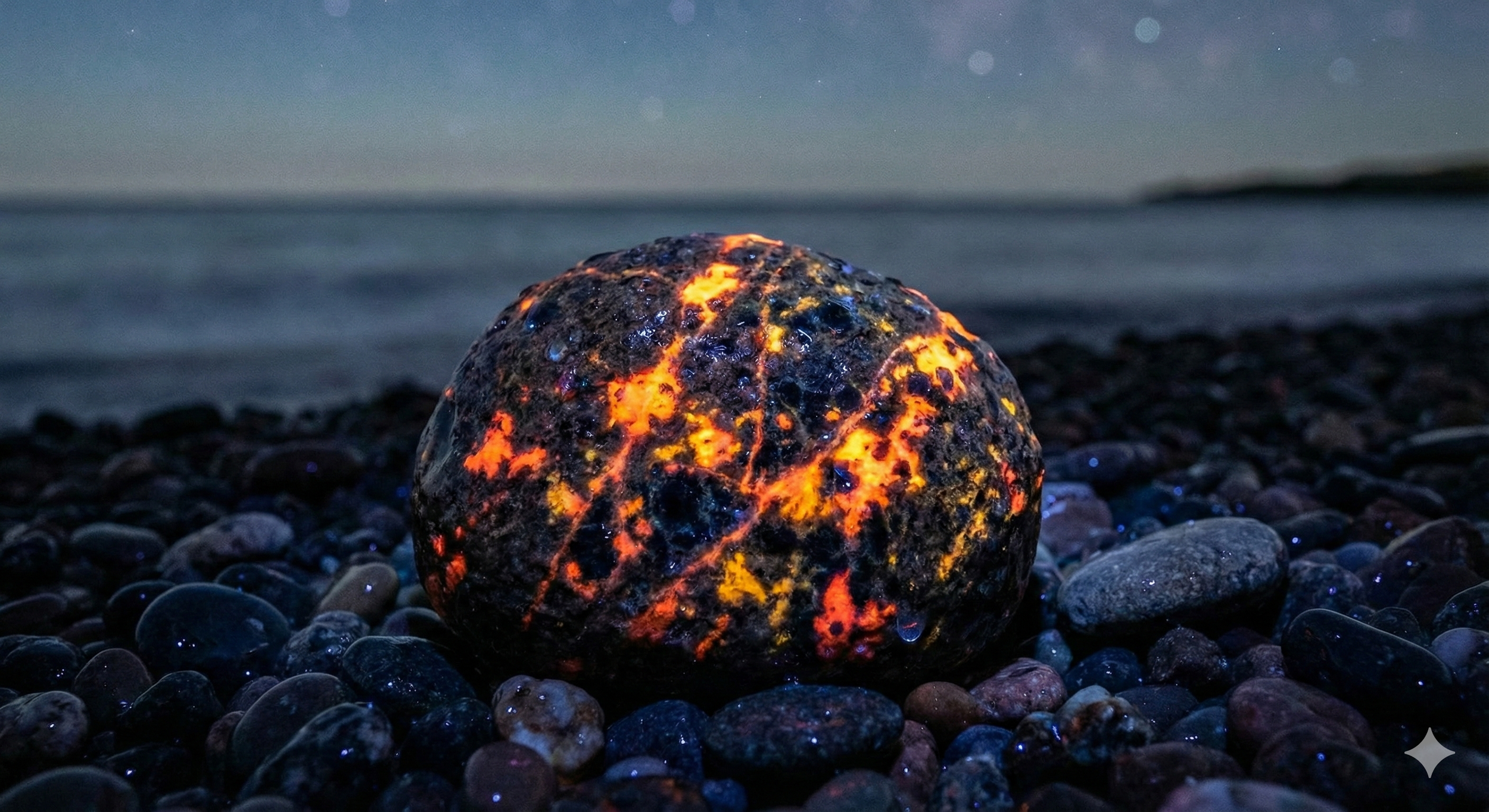 A glowing orange and black lava rock on a pebble beach at night with a blurred ocean and starry sky in the background.