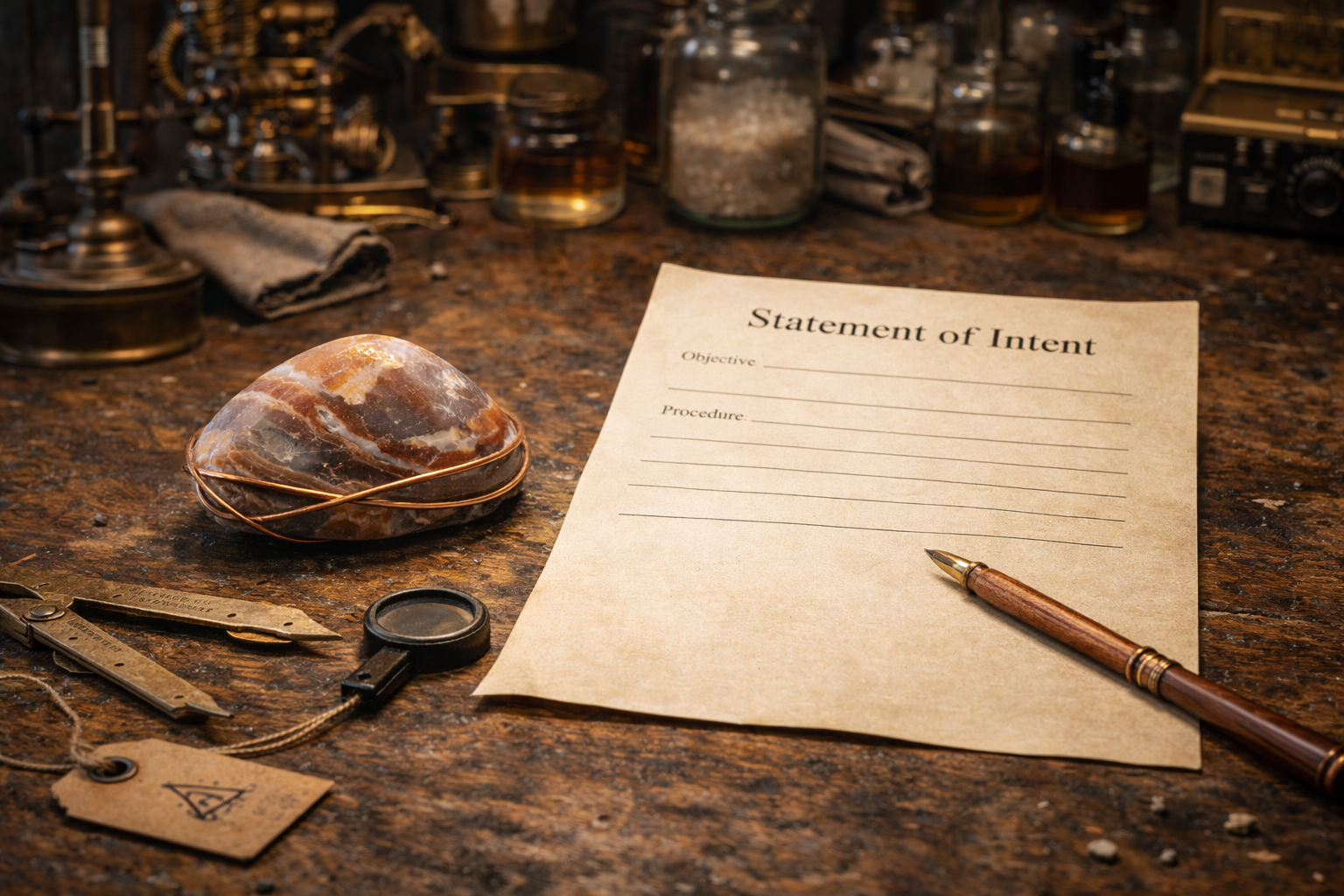 A vintage workshop workspace with a stone paperweight, a magnifying glass, and a paper titled 'Statement of Intent' with blank fields for objective and procedure, surrounded by jars and bottles of chemicals or liquids, a towel, and various tools and equipment.