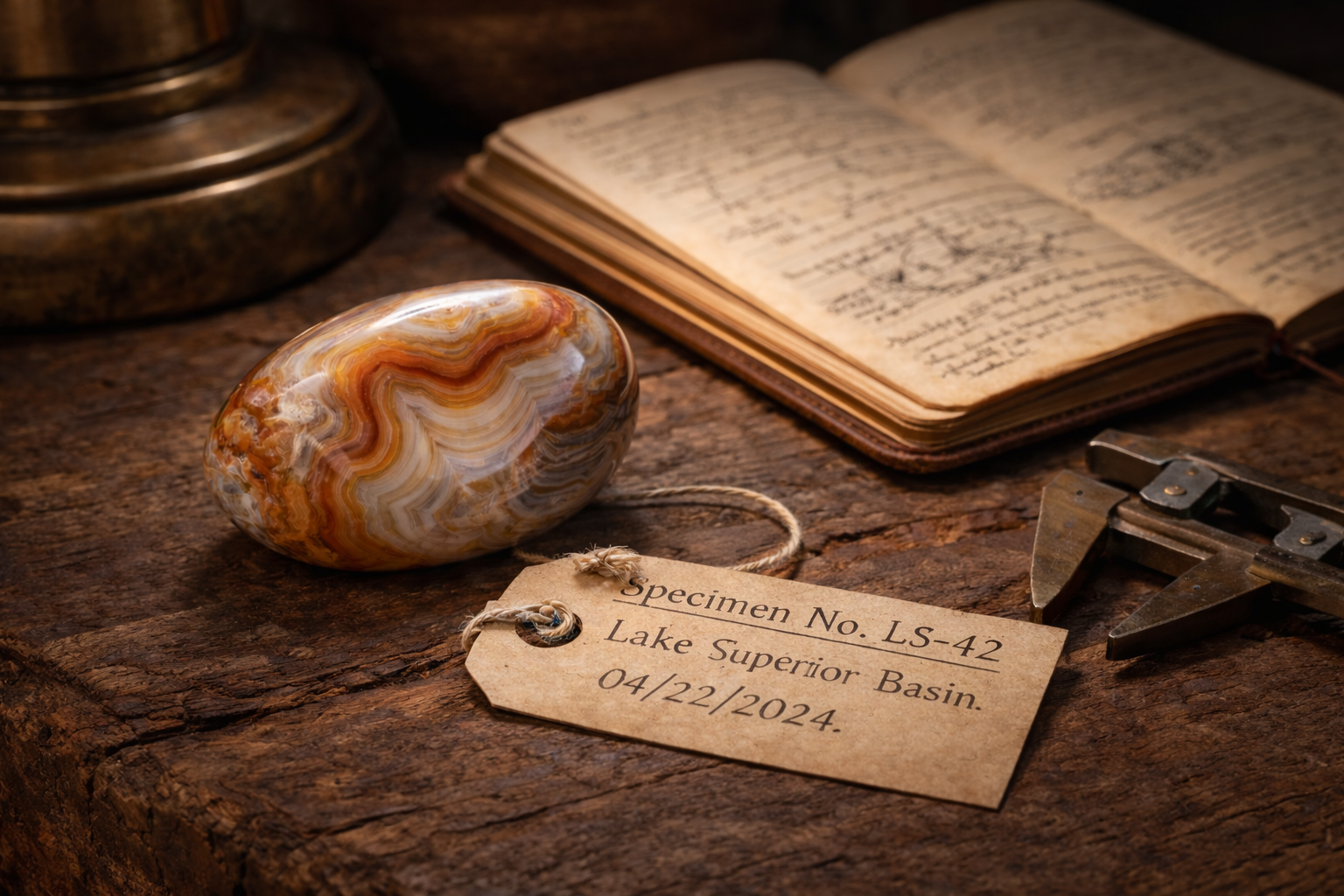 A polished, multicolored agate stone, an open aged notebook with handwritten notes, a caliper, and a paper tag with the inscription 'Specimen No. LS-42, Lake Superior Basin, 04/22/2024' on a rustic wooden surface.