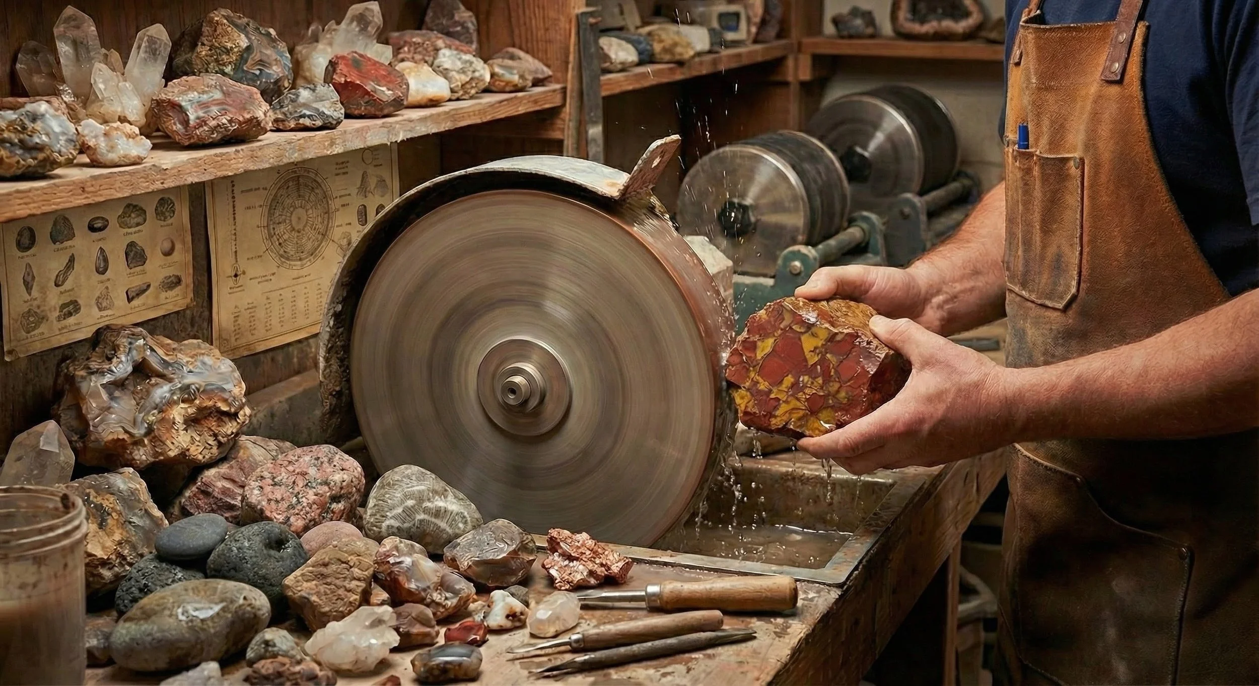 A person using a rock saw in a workshop with rocks and minerals on a workbench and shelves.