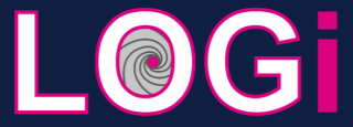 Close-up of colorful logo with the word 'LOGI' in bold, pink and white letters on a dark background.