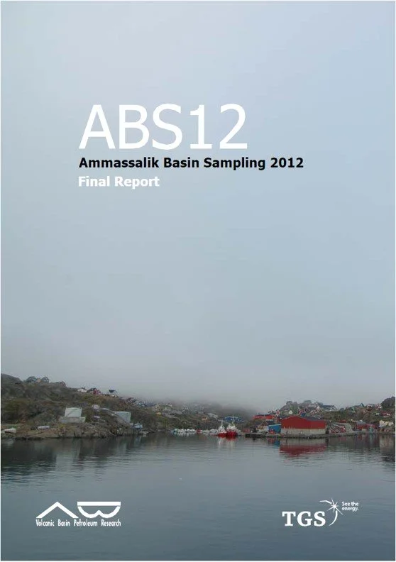 Cover page of a report titled 'ABS12 Ammasalik Basin Sampling 2012 Final Report' showing a foggy landscape with water, rocky shoreline, and some buildings and boats.