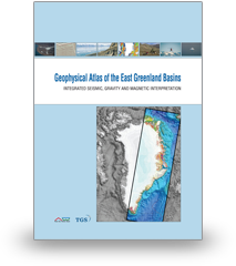 Cover page of a geophysical atlas titled 'Geophysical Atlas of the East Greenland Basin' with maps and satellite images.