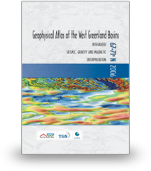 Cover page of a book titled 'Geophysical Atlas of the West Greenland Basins' with a colorful abstract pattern. The subtitle indicates it covers seismic, gravity, and magnetic data interpretation.