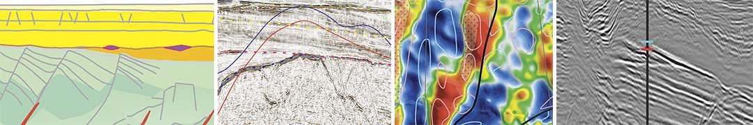 A collage of five different geological and topographical images showing landforms, seismic data, and contour maps.
