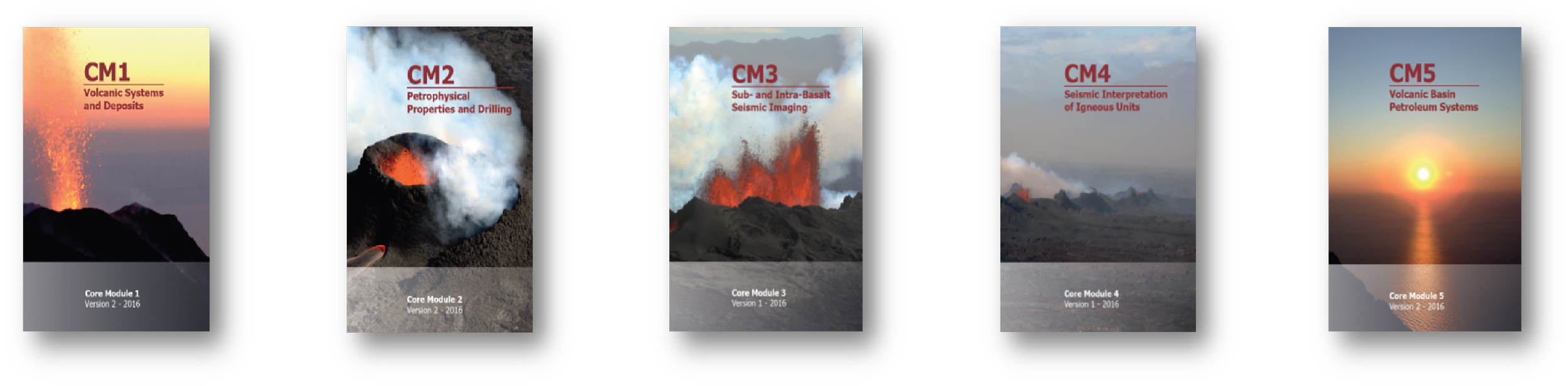 Collection of five geological or volcanic system textbooks with cover images of volcanoes, eruptions, and volcanic landscapes labeled CM1 to CM5, with titles related to volcanic systems, seismic activity, and petroleum systems, published in 2016.
