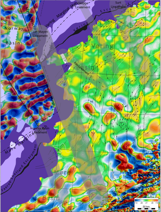 Topographical map showing the Norway Basin, Norway Margin, Voring Basin, and associated geological features with color-coded elevation and depth.