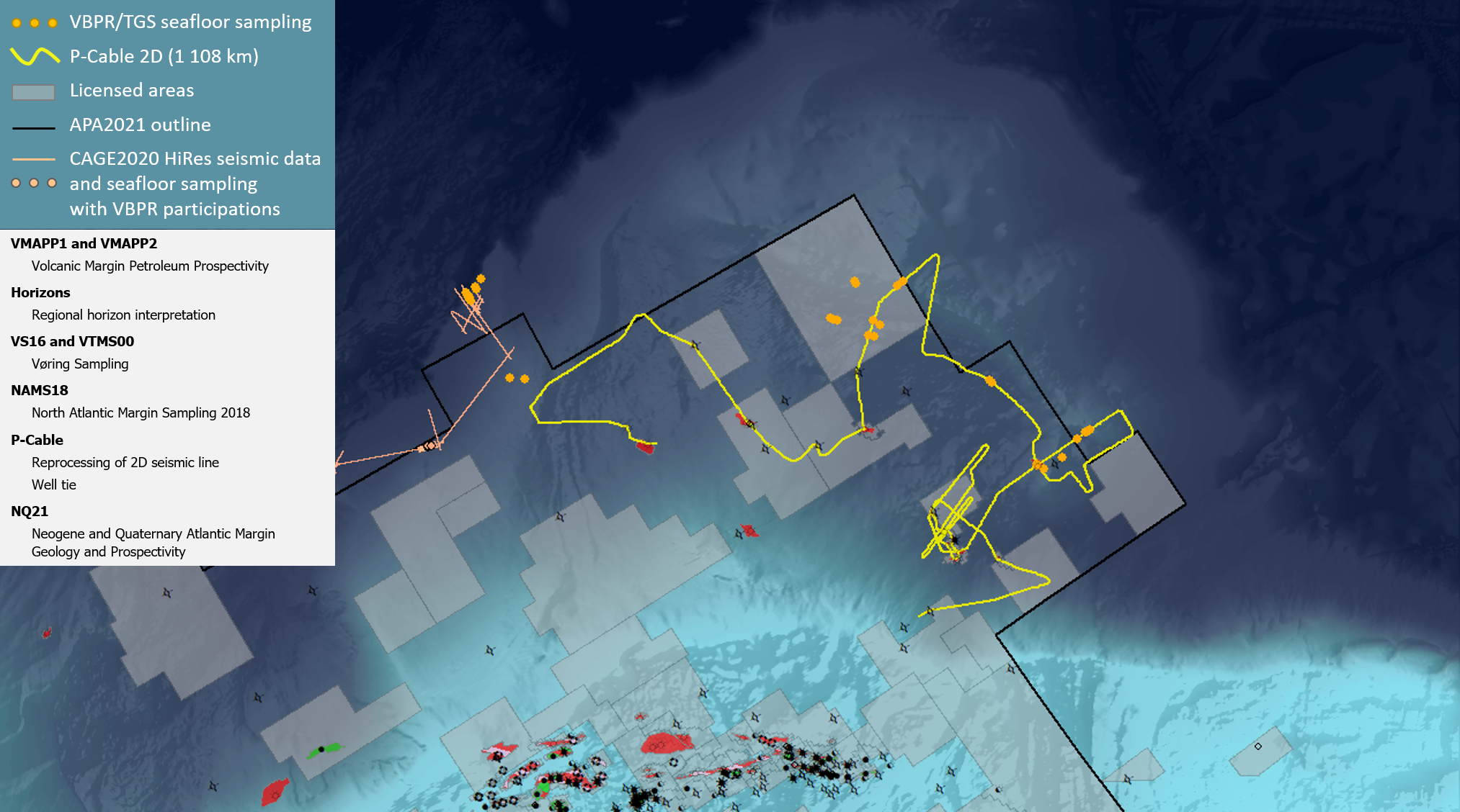 Sea floor map showing seismic survey areas, sampling points, and underwater cables with various overlays and legends indicating data types and regions.