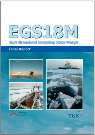Cover page of a report titled 'EGS18M' about East Greenland sampling in 2018, featuring photos of ice and ships in Arctic waters.