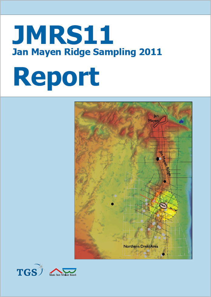 Cover page of a report titled 'JMR S11 Jan Mayen Ridge Sampling 2011.' Includes a map of Jan Mayen and the surrounding area, with topographical features and sampling locations. Logos of TGS and the Volcanic Basin Petroleum Research are present at the bottom.