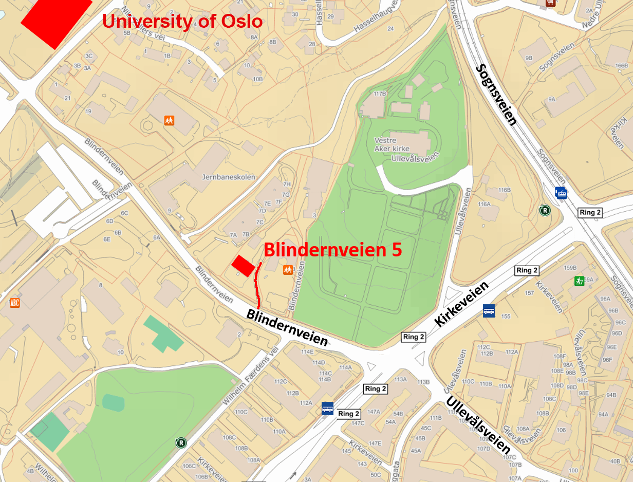 Map showing Blindenveien 5 marked in red, near green park area, with streets, bus stops, and surrounding buildings labeled.
