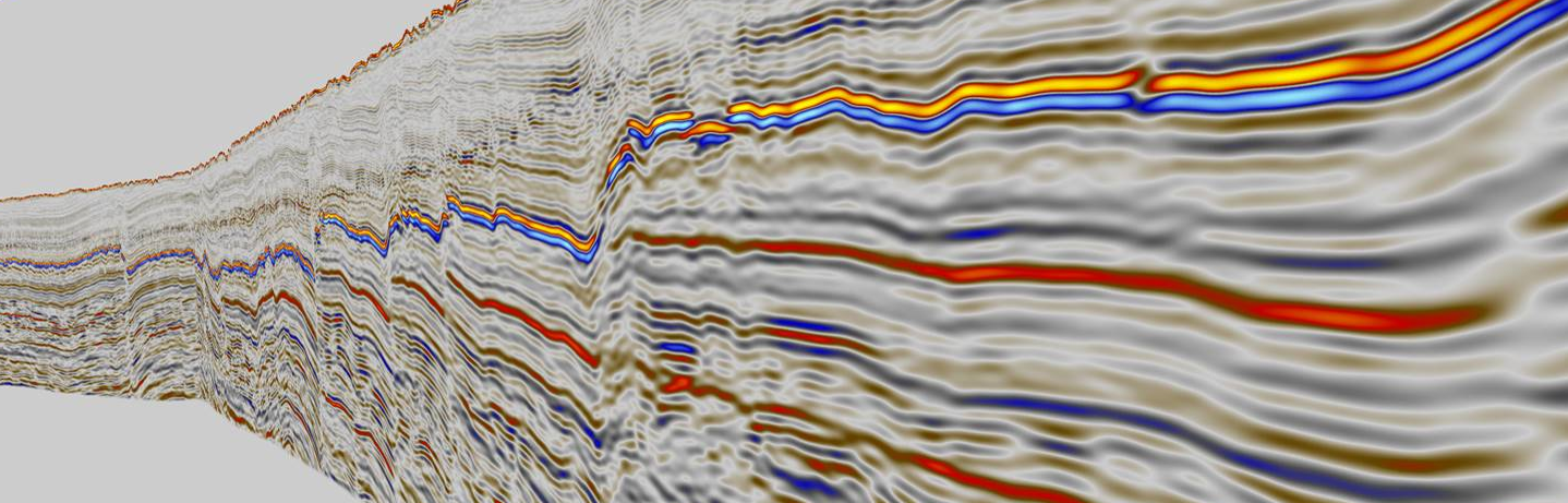 Seismic data visualization with layered colored lines representing underground geological formations.