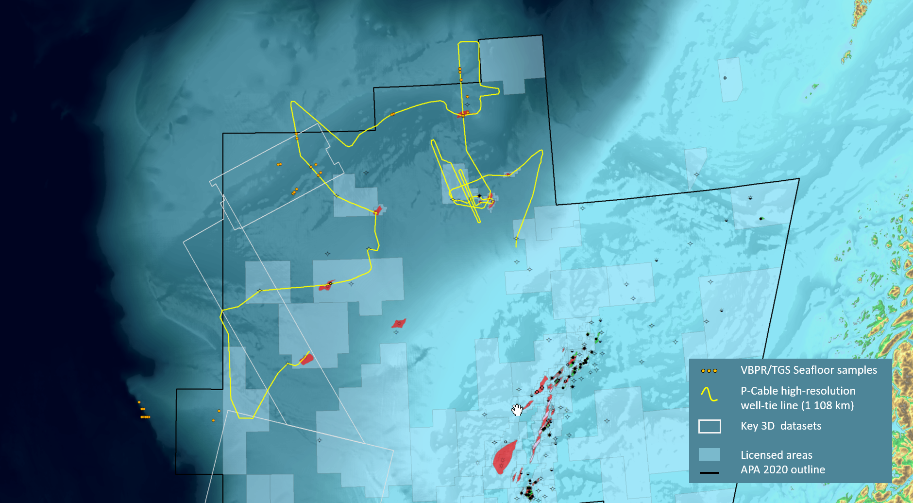 Map showing offshore data with dotted yellow lines, yellow high-resolution cable lines, various key datasets within black outlines, licensed areas shaded in light blue, and the APA 2020 outline in black.