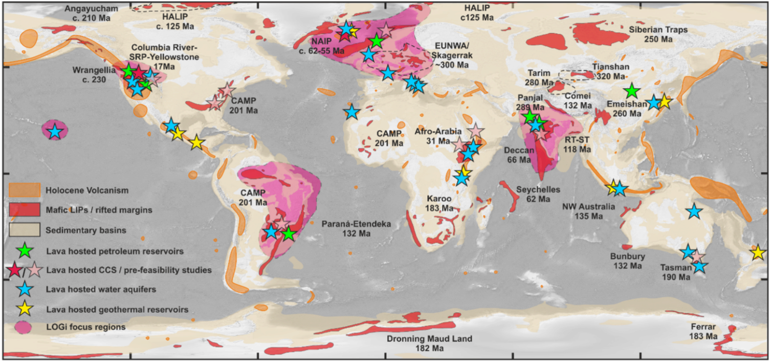 World map showing geological features like volcanic arcs, flood basalt provinces, sedimentary basins, lava-hosting/permian reservoirs, and LOGi regions, with colorful markers indicating research and geological sites.