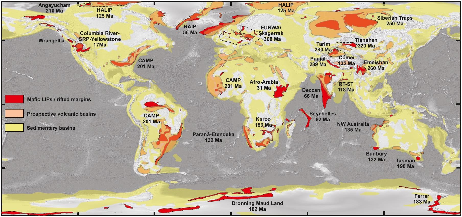 Map of the world showing regions with sedimentary basins in yellow and prospective volcanic basins in orange, with areas of mafic LIPs/rifted margins in red. Key locations and their associated geological ages are labeled.