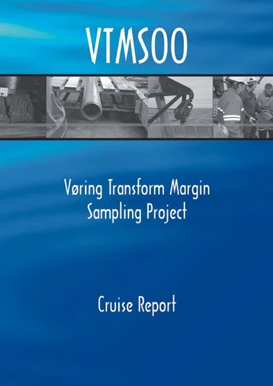 Cover page of a report titled 'VTM000 Varing Transform Margin Sampling Project Cruise Report' with a blue background and black and white images of equipment and workers in a horizontal strip.