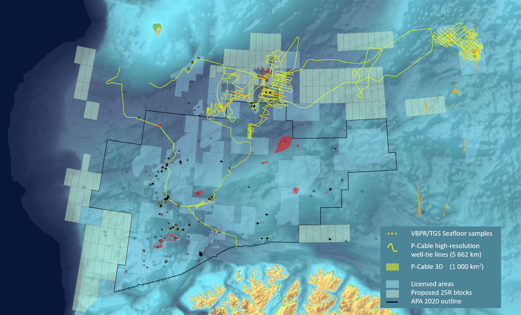 Map showing seafloor samples, high-resolution well-tie lines, 3D P-Cable area, licensed areas, proposed 25R blocks, and APA 2020 outline in an offshore region with topographic features.