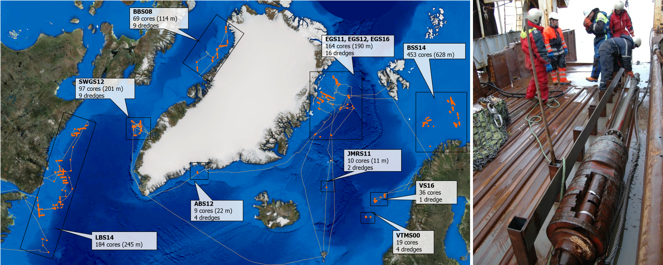 Map of Antarctica showing various drilling stations with labels indicating core and dredge counts, such as BBS08, EGS11, BSS14, and JMRSS11, alongside a photo of scientists working on a ship's deck preparing for drilling.