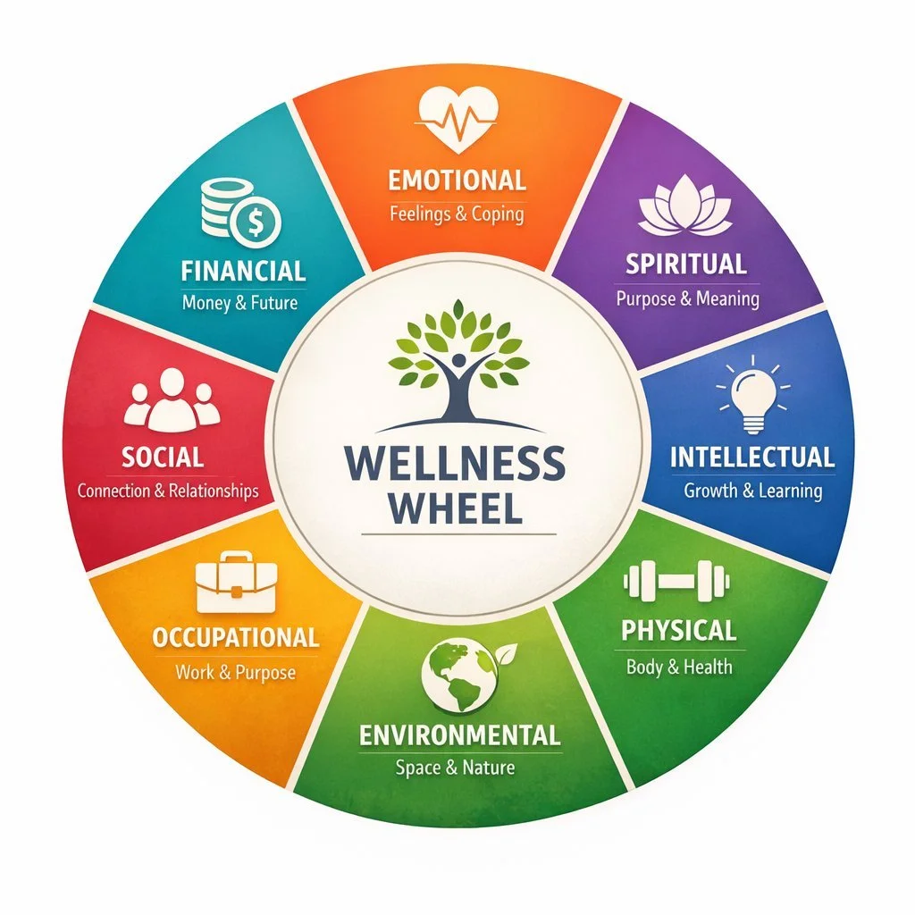 A circular wellness wheel diagram divided into eight sections: Emotional, Spiritual, Intellectual, Physical, Environmental, Occupational, Social, and Financial. Each section has an icon and a brief description of its focus.