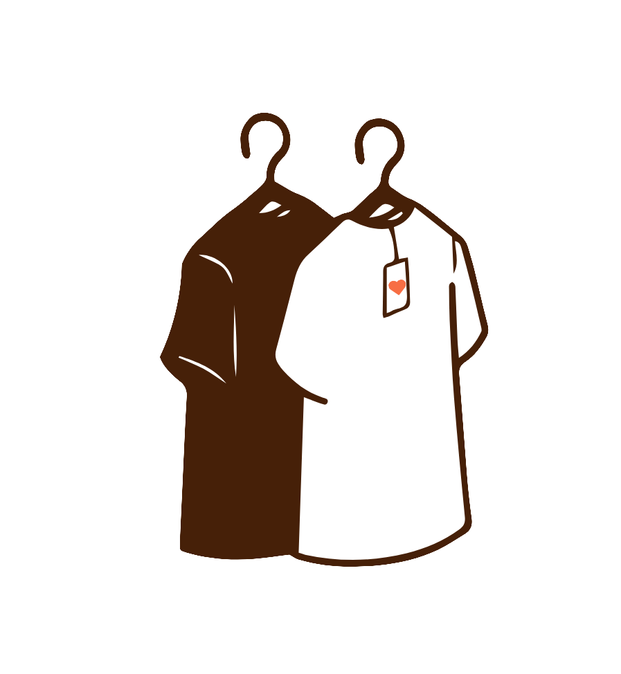 Deux chemises suspendues sur des portants, une blanche avec une étiquette et une autre brune.