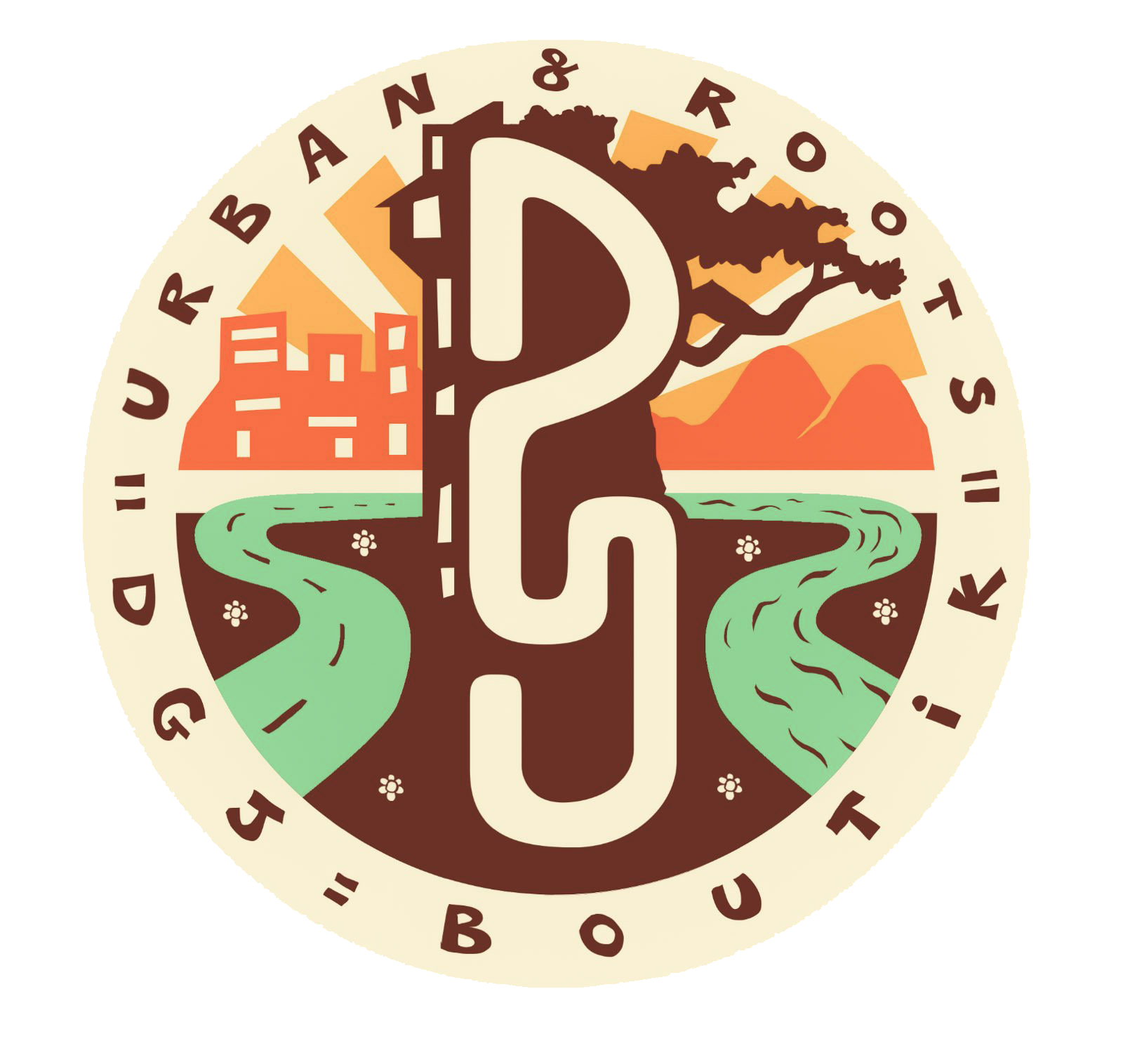 Logo circulaire avec un chemin sinueux, une rivière, un arbre, une montagne, et une ville en arrière-plan. Le texte autour dit 'UN BARBANAN & ROUOT SI QUE', et au centre il y a une grande lettre 'P' surmontée d'une lettre 'S'.