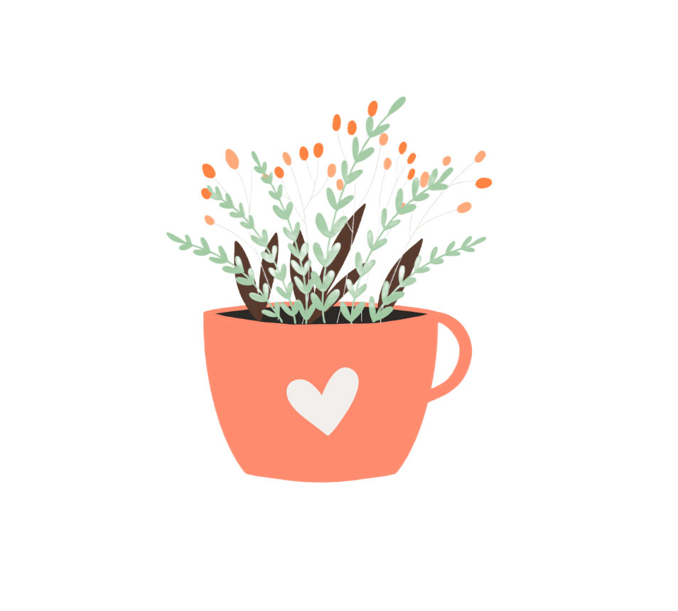 Une illustration d'une plante dans une tasse rose avec un cœur blanc, des branches vertes et des fleurs orange.
