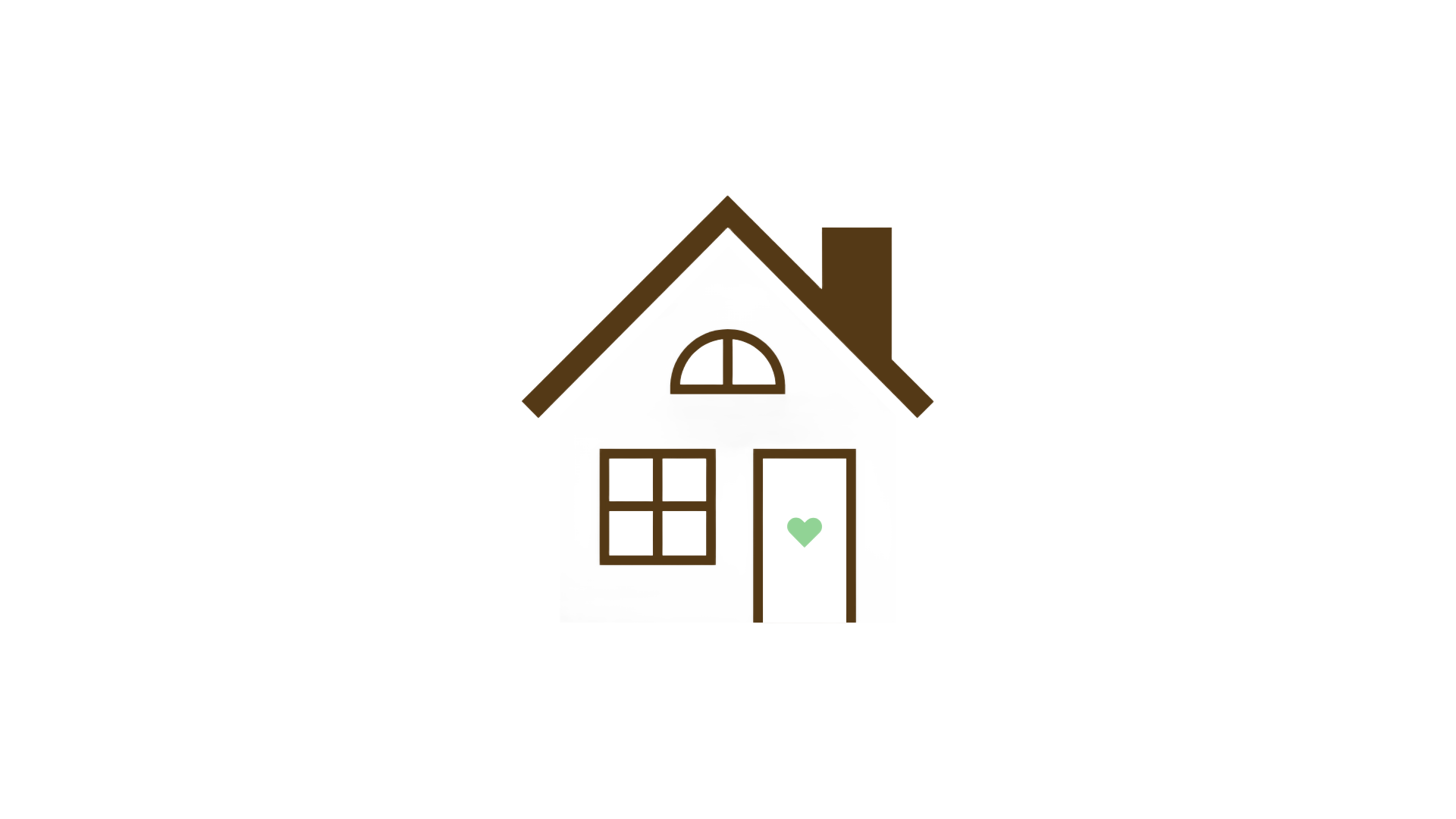 Un dessin simple d'une maison blanche avec un toit marron, une fenêtre à quatre carreaux, une porte avec un cœur vert, et une cheminée marron, contre un fond noir et blanc