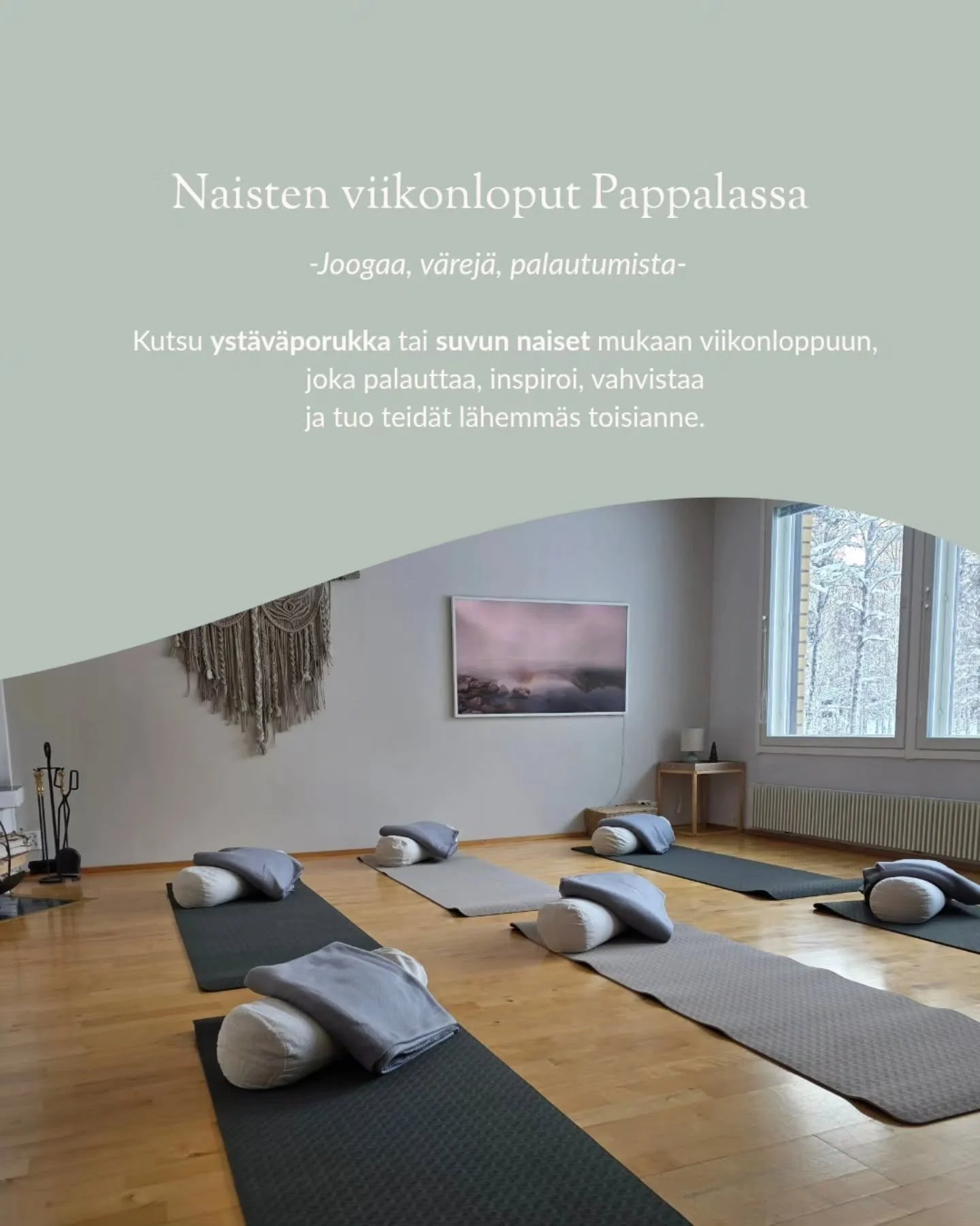 Milloin viimeksi pys&auml;hdyitte yst&auml;vien kanssa yhdess&auml; ilman kiirett&auml;?
Naisten viikonloput alkavat toukokuussa Pappalassa. Ne tarjoavat aikaa yst&auml;ville, palautumiselle ja hyvinvoinnille.

Kokoa oma porukka ja tulkaa viett&auml;