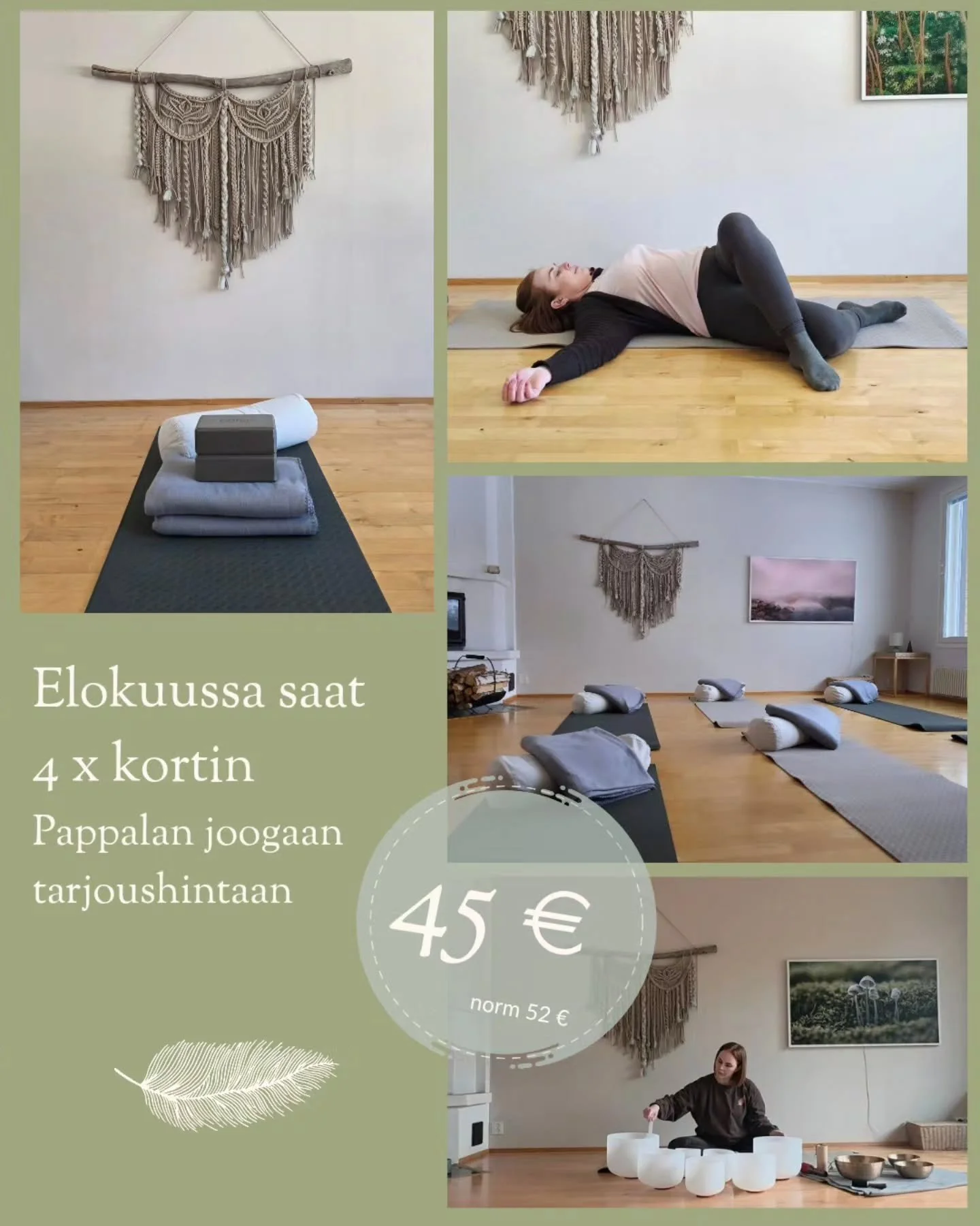 Elokuun tarjous Pappalan joogatunneille ✨️

4 x kortti 45 &euro; (norm. 52 &euro;).
Kortti on voimassa syyskauden 2026

Kortin voit ostaa elokuun tuntien yhteydess&auml; tai 
laittamalla minulle viesti&auml;. 🤗

N&auml;hd&auml;&auml;n Pappalassa 💚