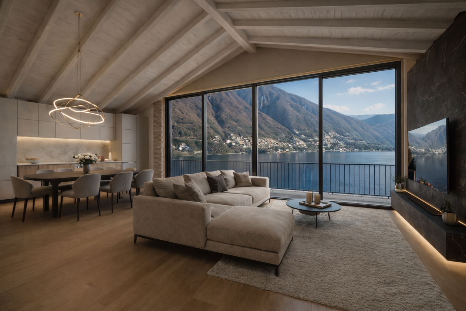 Interno di un soggiorno e cucina con grandi finestre e vista sul lago, arredamento moderno con divano bianco, tavolo da pranzo con sedie verdi, decorazioni eleganti e piante