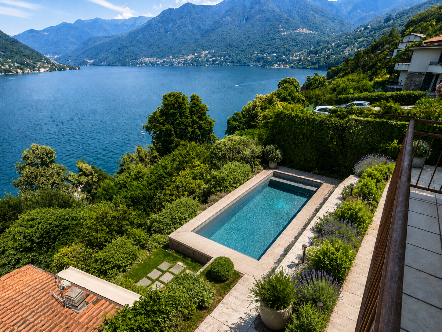 Interno di un soggiorno e cucina con grandi finestre e vista sul lago, arredamento moderno con divano bianco, tavolo da pranzo con sedie verdi, decorazioni eleganti e piante