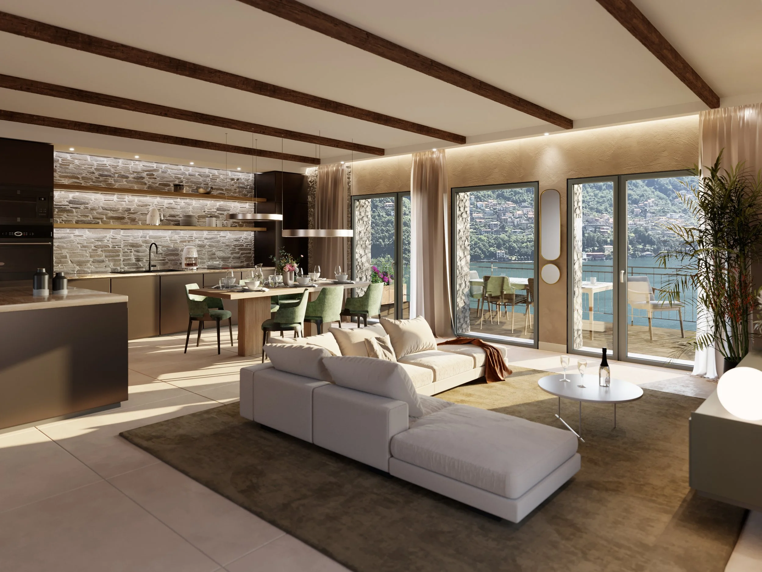 Interno di un soggiorno e cucina con grandi finestre e vista sul lago, arredamento moderno con divano bianco, tavolo da pranzo con sedie verdi, decorazioni eleganti e piante