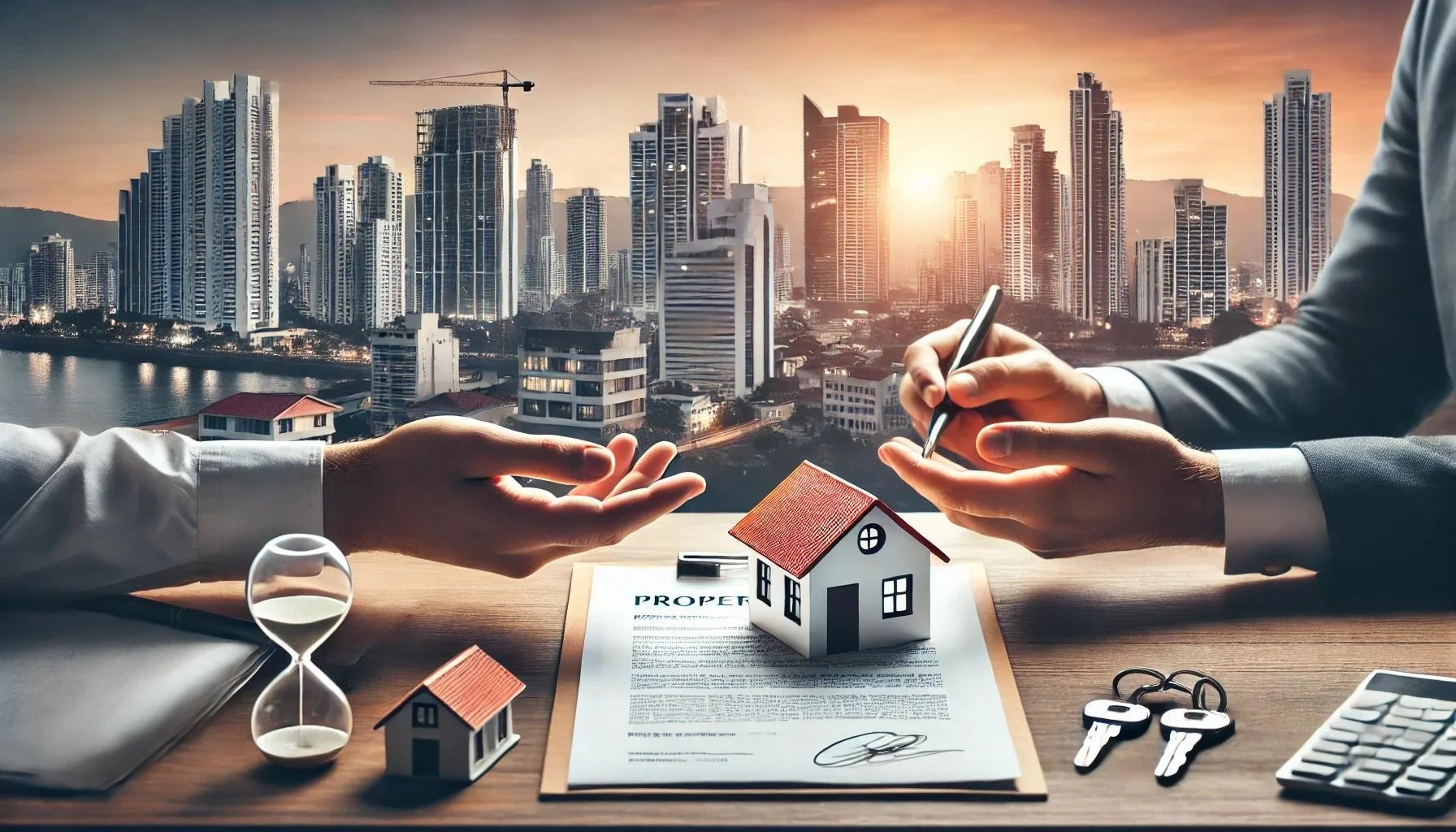 Due persone discutono di un contratto di proprietà immobiliare su un tavolo di fronte a una grande città moderna al tramonto. Sul tavolo ci sono modelli di case, chiavi, un'ora di sabbia, documenti di proprietà, una tastiera e delle chiavi.