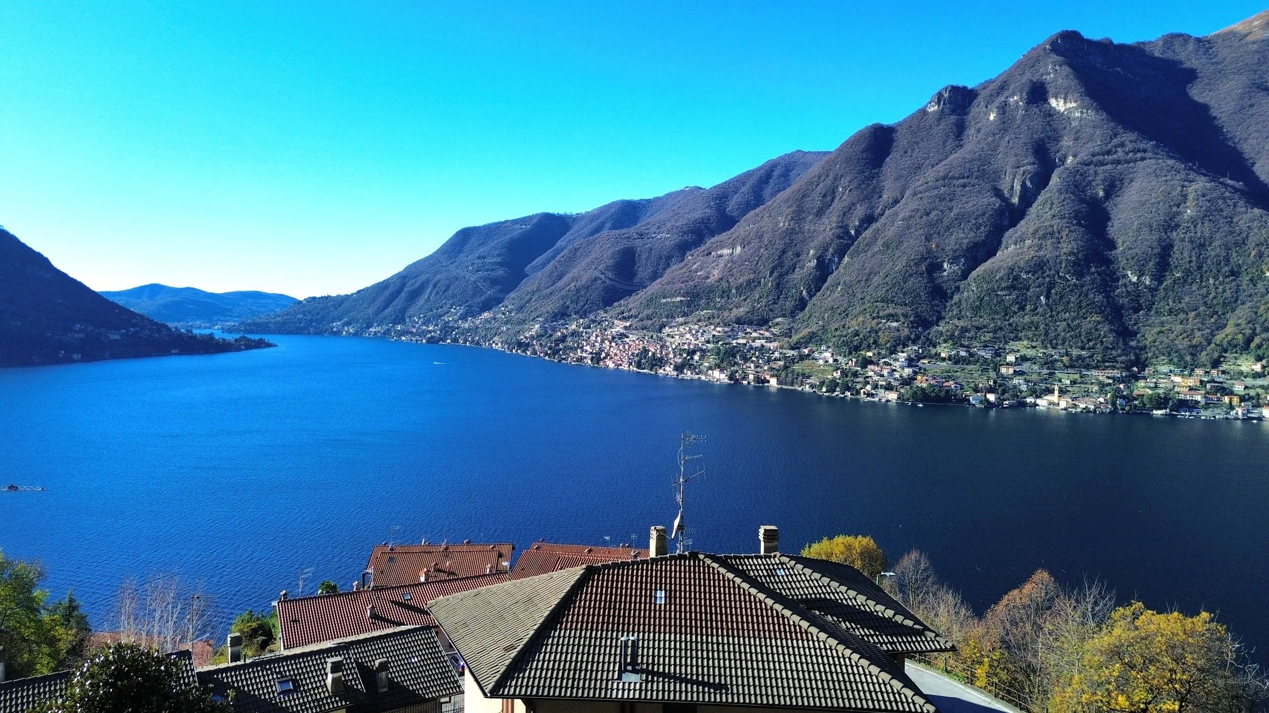 Foto aerea di un quartiere con case con tetti di tegole rosse, parcheggi e una vista su un lago con alberi autunnali.