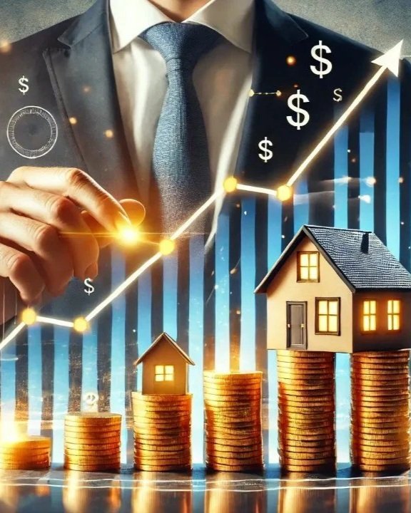 Grafico con case su stacked coins e una freccia ascendente, rappresentando crescita immobiliare e finanziaria.