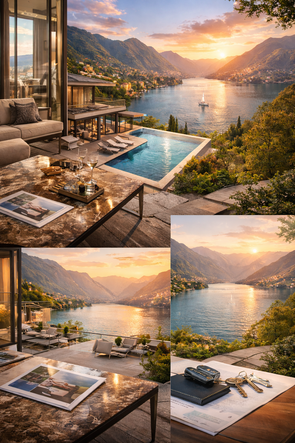 Vista panoramica di un lago circondato da montagne durante il tramonto, con un'ampia terrazza di lusso con piscina, mobili da esterno, sedie e un tavolo con accessori.
