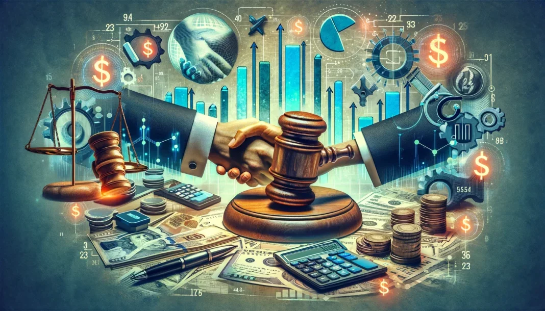 Immagine di due mani che si stringono sopra un martelletto da giudice, circondate da simboli di denaro, grafici e simboli di finanza, simboli di giustizia, e strumenti di calcolo.