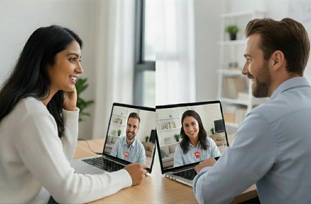 Two people having a video call with a woman on their laptops, in a bright, modern office.