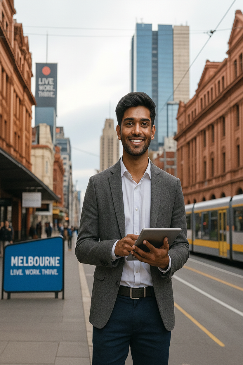 A smiling man in a gray suit and white shirt holding a tablet standing on a city street with buildings, a tram, and a sign that reads "Melbourne Live. Work. Thrive."