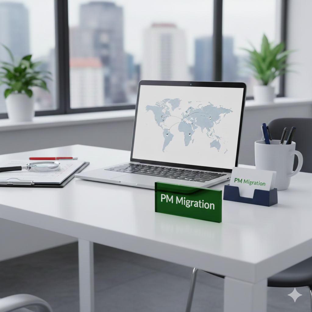 An office desk with a laptop displaying a world map, a sign labeled 'PM Migration', a cup holding pens, some notebooks, and a stethoscope. Two potted plants are on the windowsill in the background.