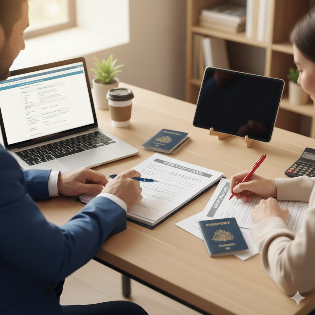 Two people sitting at a desk working on immigration forms with passports, a laptop, and a tablet.