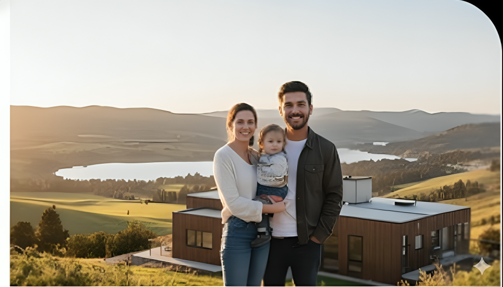 Family of three standing outdoors in front of a modern house with a scenic lake and rolling hills in the background, during sunset.