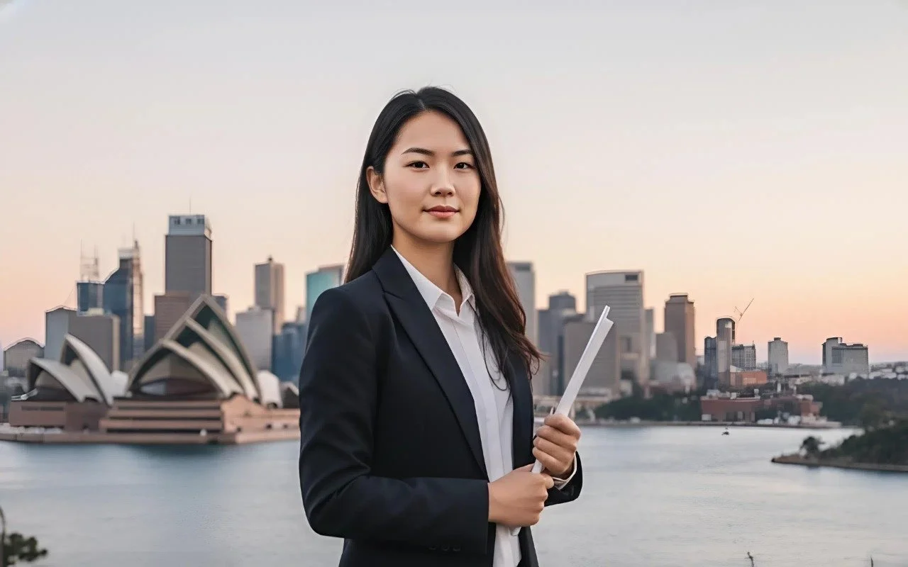 A woman in a business suit holding a folder or document standing in front of a city skyline with the Sydney Opera House in the background during sunset.